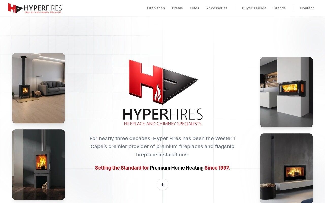 Hyper Fires homepage hero with the red H logo flanked by four fireplace installation photos