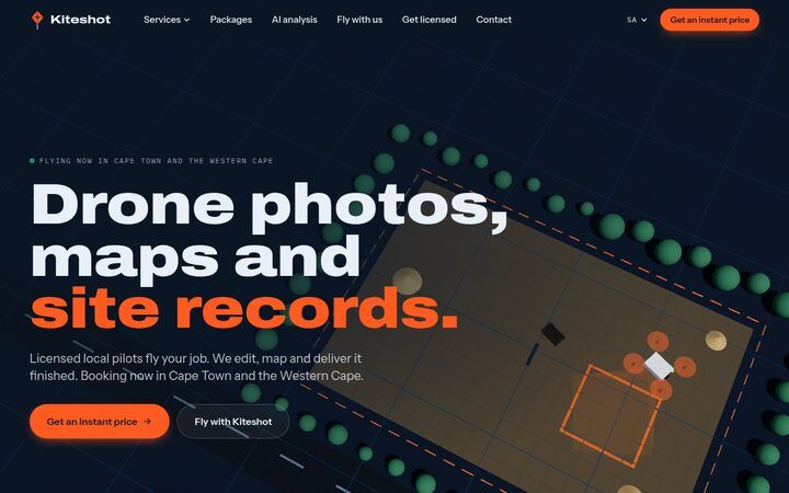 Kiteshot homepage hero reading drone photos, maps and site records over an illustrated site map