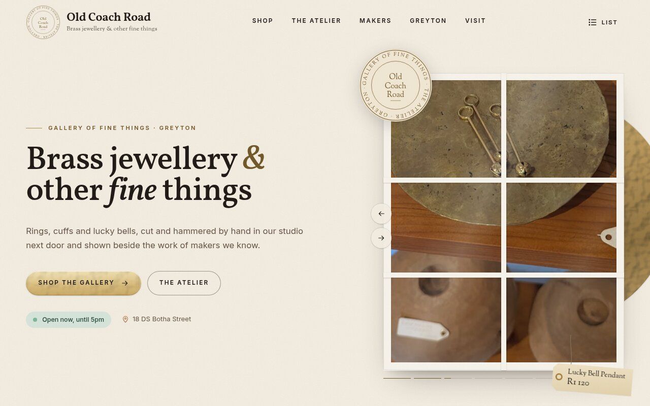 Old Coach Road homepage hero for brass jewellery and other fine things, with a grid of studio photos