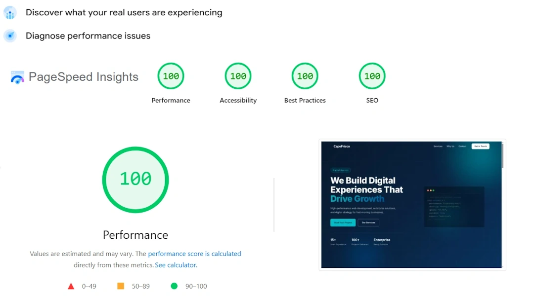 Google PageSpeed Insights scores - 100 in Performance, Accessibility, Best Practices, and SEO